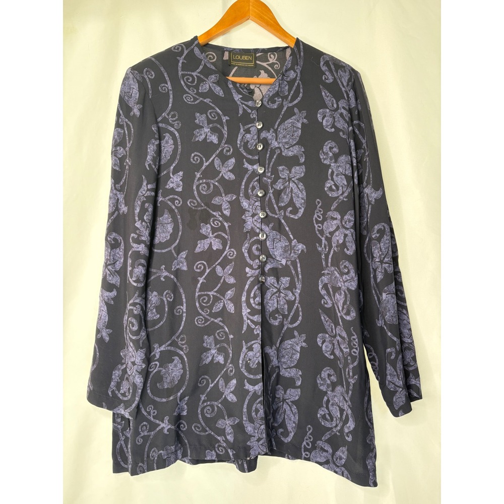 Louben Vintage Floral Button Up Tunic Blouse Black‎ Purple Made in Canada Women